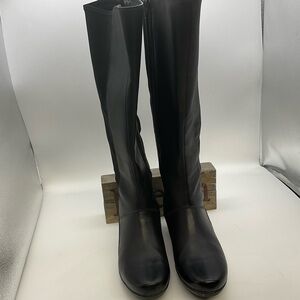 Clarks Black Leather Knee- High Boots with Zipper
